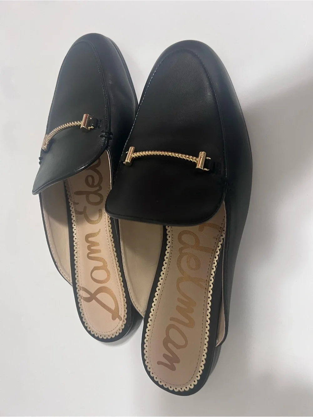 Sam Edelman Black Leather Mule Loafers with Gold Chain Accent - Picture 1 of 4